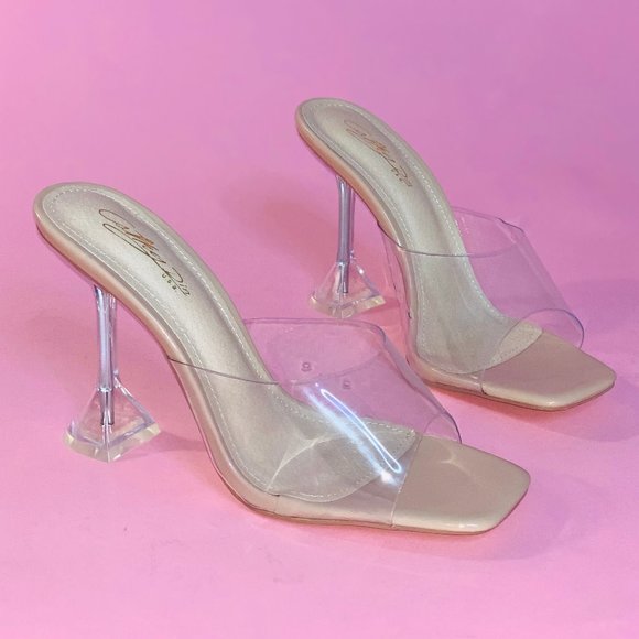 Bougie University Shoes - So Posh Nude Clear Mule Sandal Heels - BOUTIQUE